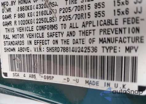 2004 Honda Cr-V Ex z USA, uszkodzony, nr VIN SHSRD78814U242536